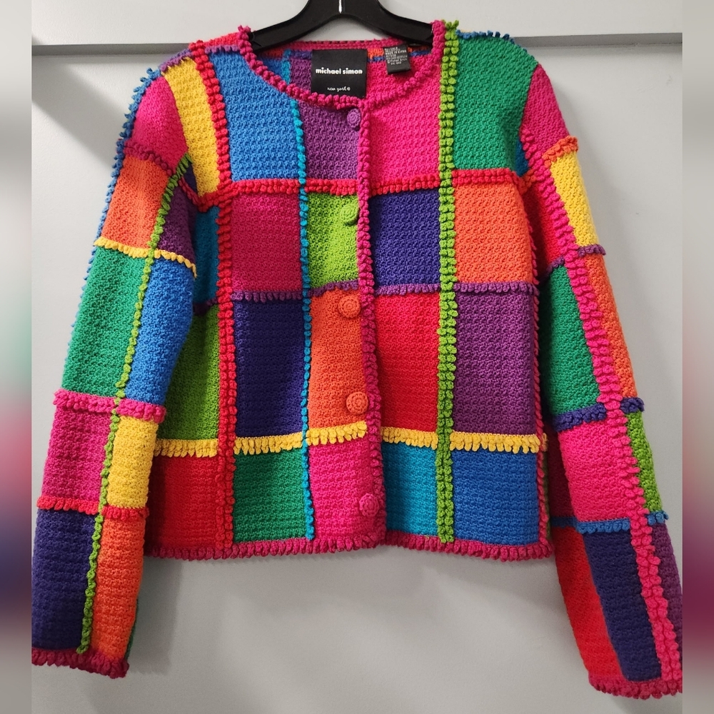 Vintage 1998 Michael Simon NY Multicolor Patchwork Cardigan Sweater Size S Rare